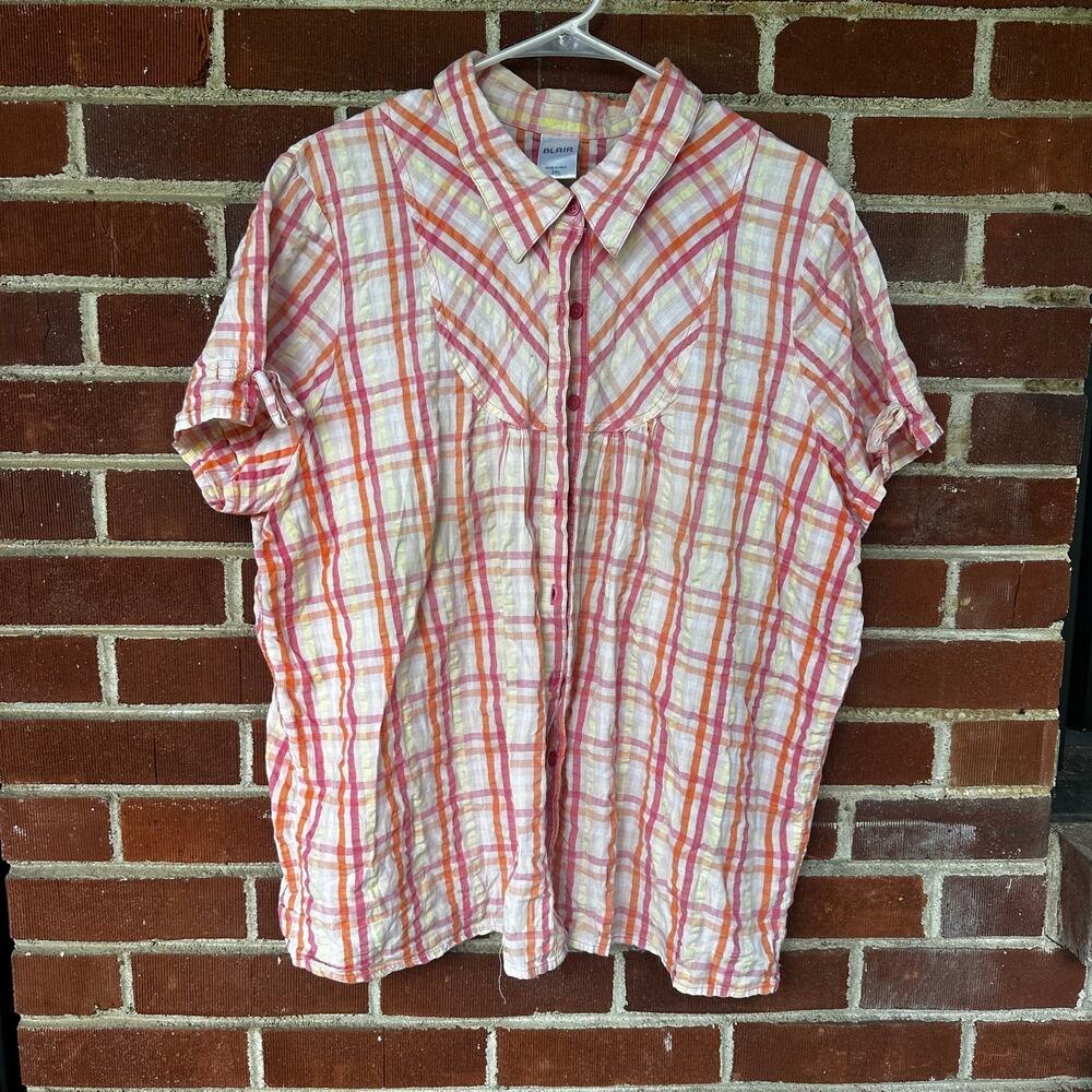 Blair Pink Orange Plaid Button Front Short Sleeve Blouse 2XL